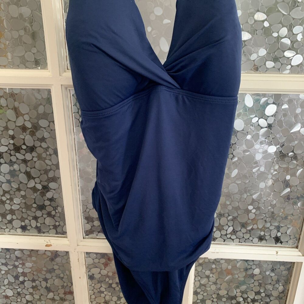 LRL Ralph Lauren Swimsuit One Piece Sz 14 Classic Navy Halter Flattering Ruching